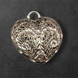 Sterling Silver Puffy Filigree Heart Pendant Reversible 925 Intricate Detailed